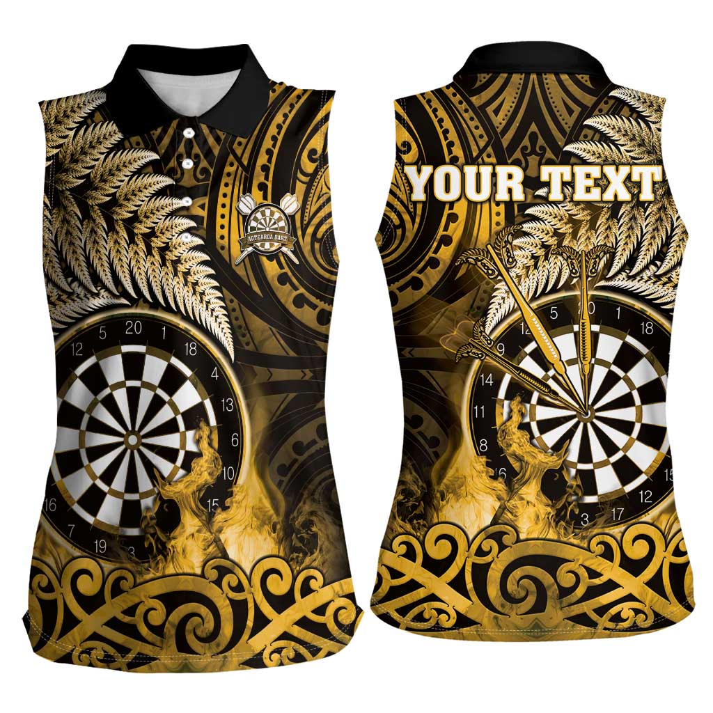 Personalised New Zealand Darts Women Sleeveless Polo Shirt Maori Koru Dartboard Gold Flame LT05 - Polynesian Pride