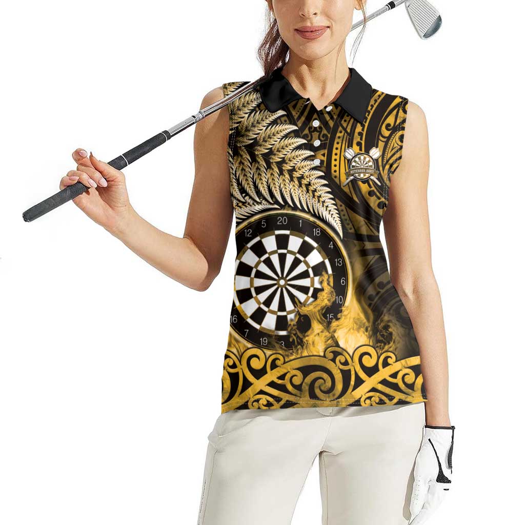 Personalised New Zealand Darts Women Sleeveless Polo Shirt Maori Koru Dartboard Gold Flame LT05 - Polynesian Pride