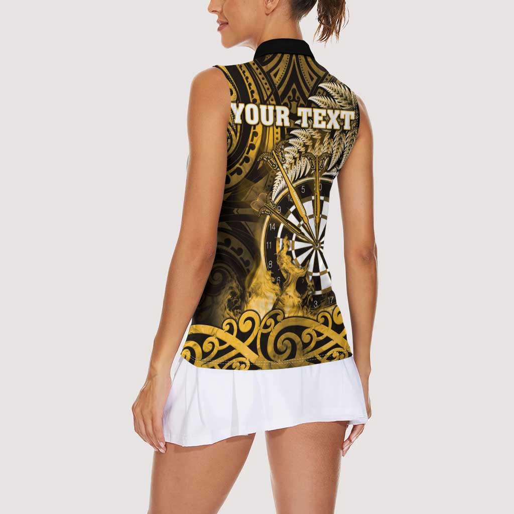 Personalised New Zealand Darts Women Sleeveless Polo Shirt Maori Koru Dartboard Gold Flame LT05 - Polynesian Pride