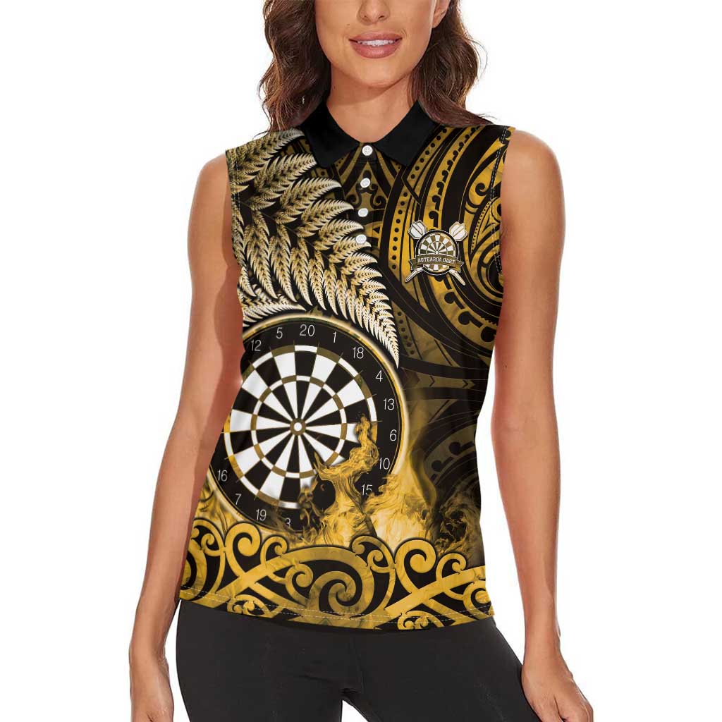 Personalised New Zealand Darts Women Sleeveless Polo Shirt Maori Koru Dartboard Gold Flame LT05 - Polynesian Pride