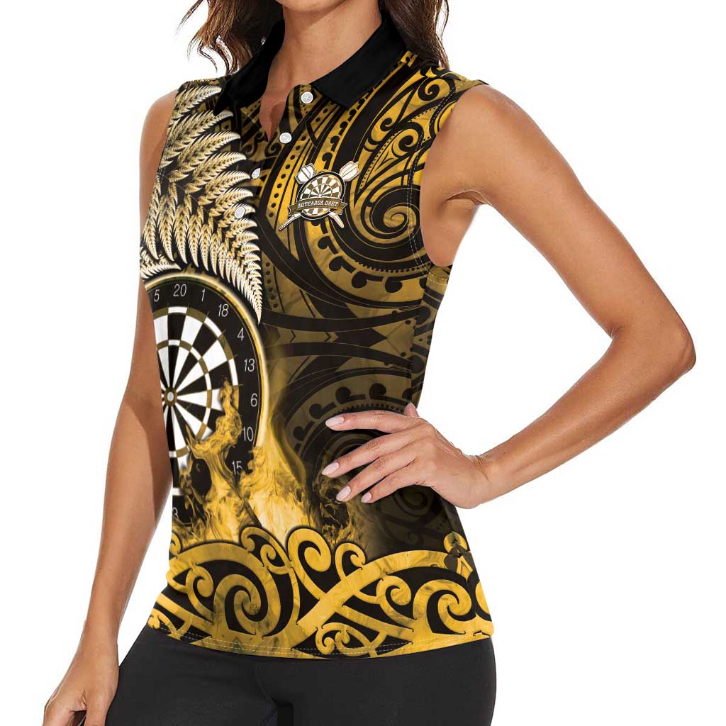 Personalised New Zealand Darts Women Sleeveless Polo Shirt Maori Koru Dartboard Gold Flame LT05 - Polynesian Pride