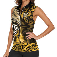 Personalised New Zealand Darts Women Sleeveless Polo Shirt Maori Koru Dartboard Gold Flame LT05 - Polynesian Pride