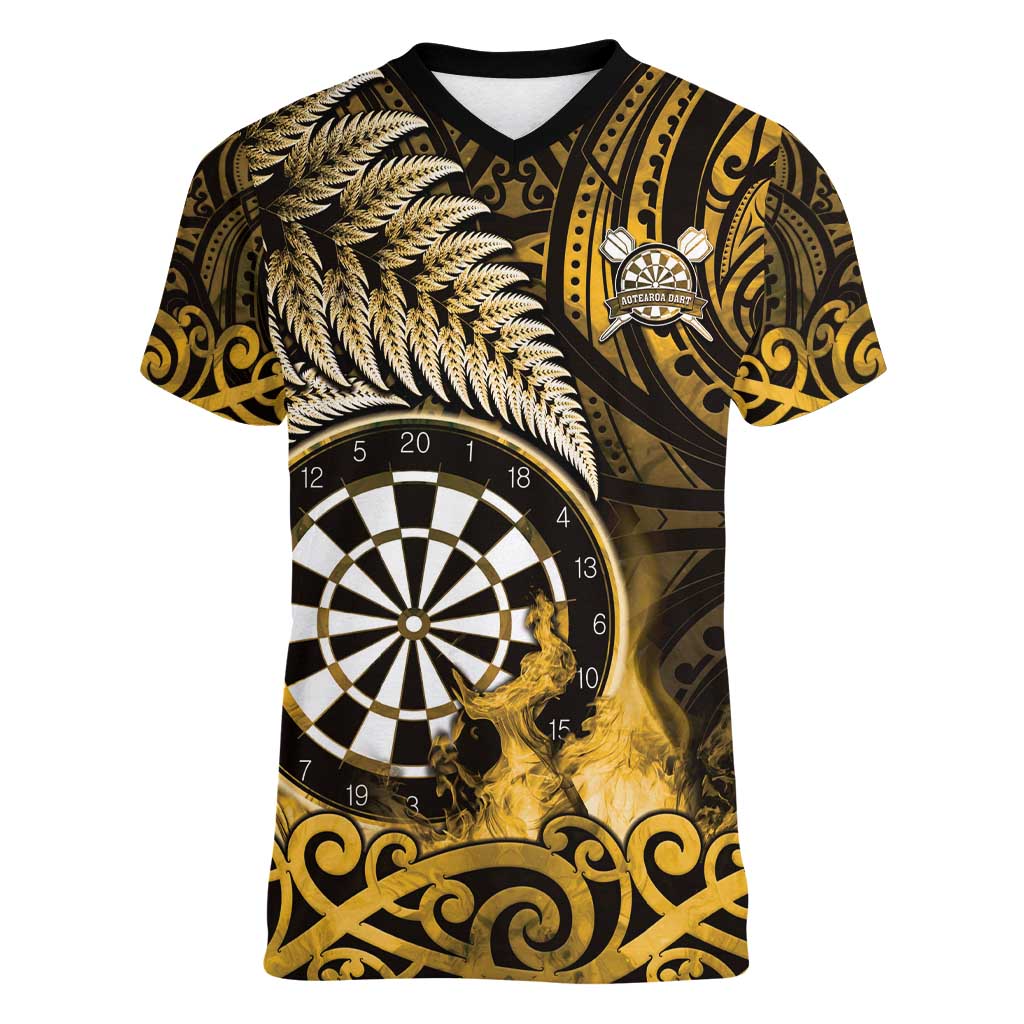 Personalised New Zealand Darts Women V-Neck T-Shirt Maori Koru Dartboard Gold Flame LT05 Female Gold - Polynesian Pride