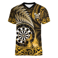 Personalised New Zealand Darts Women V-Neck T-Shirt Maori Koru Dartboard Gold Flame LT05 Female Gold - Polynesian Pride