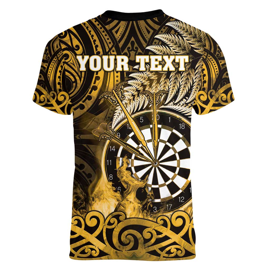 Personalised New Zealand Darts Women V-Neck T-Shirt Maori Koru Dartboard Gold Flame LT05 - Polynesian Pride