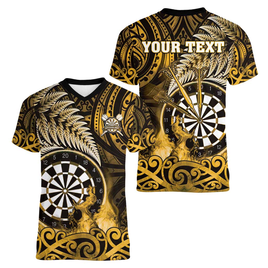 Personalised New Zealand Darts Women V-Neck T-Shirt Maori Koru Dartboard Gold Flame LT05 - Polynesian Pride