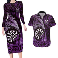 Personalised New Zealand Darts Couples Matching Long Sleeve Bodycon Dress and Hawaiian Shirt Maori Koru Dartboard Purple Flame LT05 Purple - Polynesian Pride