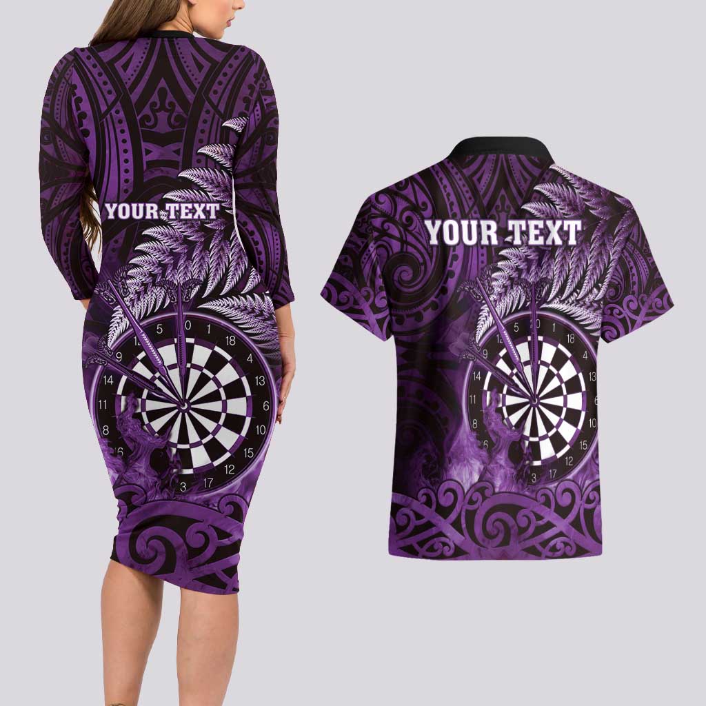 Personalised New Zealand Darts Couples Matching Long Sleeve Bodycon Dress and Hawaiian Shirt Maori Koru Dartboard Purple Flame LT05 - Polynesian Pride