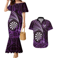 Personalised New Zealand Darts Couples Matching Mermaid Dress and Hawaiian Shirt Maori Koru Dartboard Purple Flame LT05 Purple - Polynesian Pride