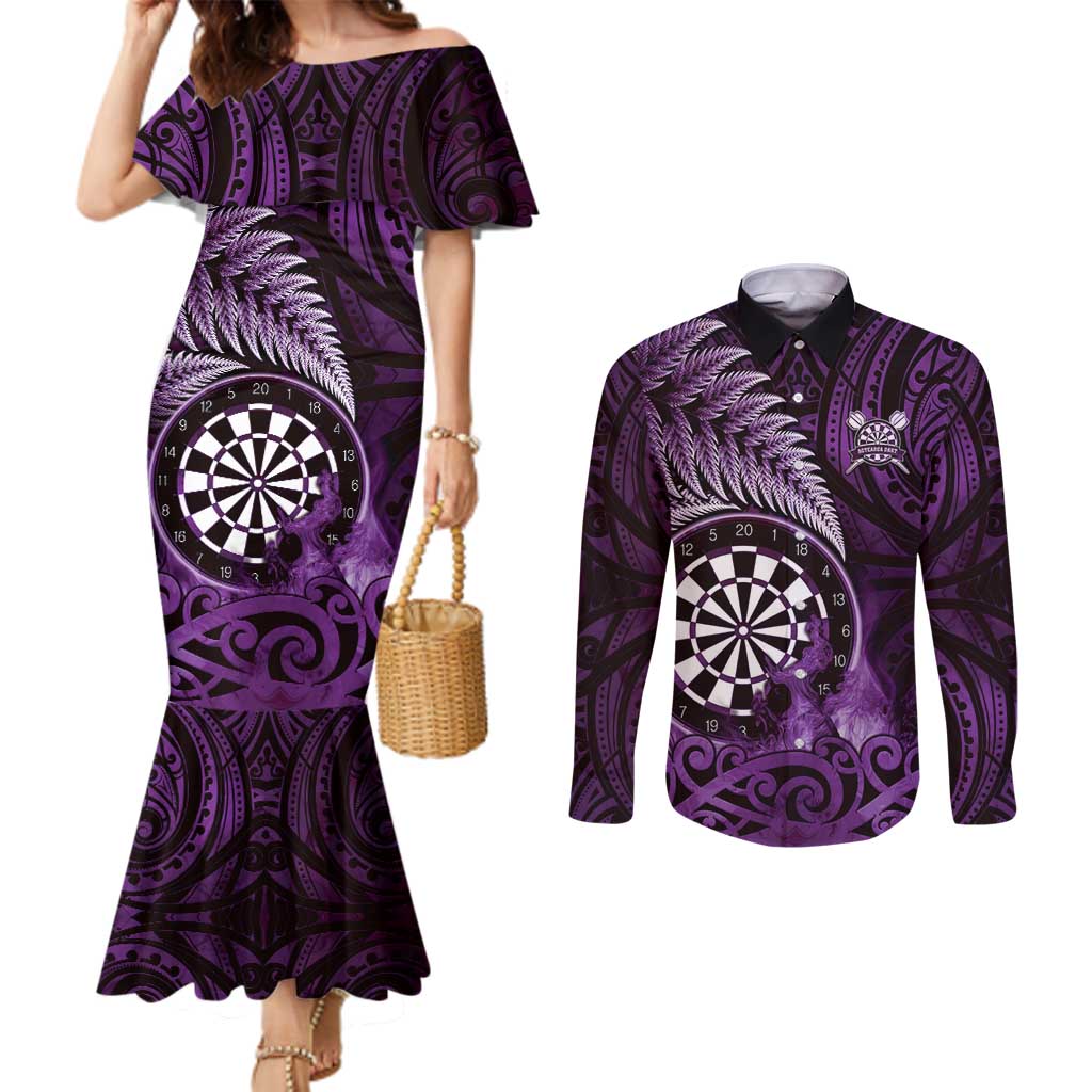 Personalised New Zealand Darts Couples Matching Mermaid Dress and Long Sleeve Button Shirt Maori Koru Dartboard Purple Flame LT05 Purple - Polynesian Pride
