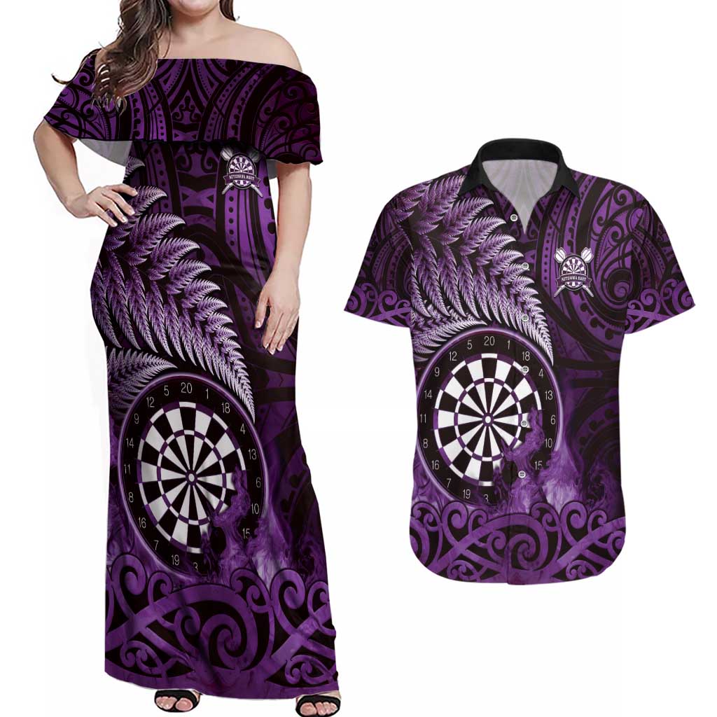 Personalised New Zealand Darts Couples Matching Off Shoulder Maxi Dress and Hawaiian Shirt Maori Koru Dartboard Purple Flame LT05 Purple - Polynesian Pride