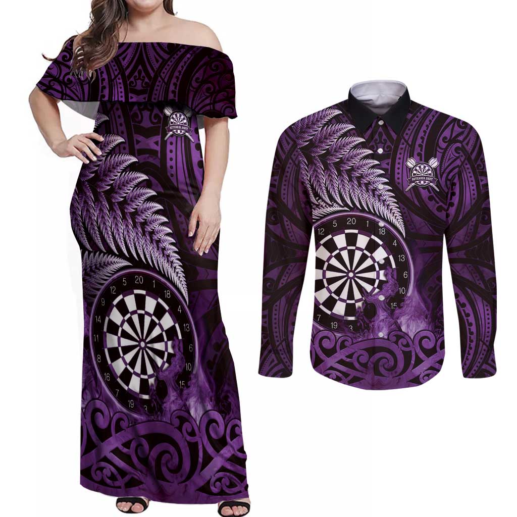 Personalised New Zealand Darts Couples Matching Off Shoulder Maxi Dress and Long Sleeve Button Shirt Maori Koru Dartboard Purple Flame LT05 Purple - Polynesian Pride