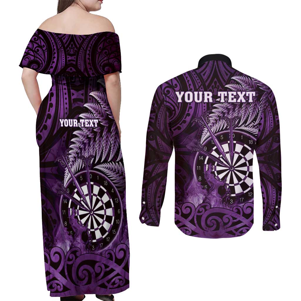Personalised New Zealand Darts Couples Matching Off Shoulder Maxi Dress and Long Sleeve Button Shirt Maori Koru Dartboard Purple Flame LT05 - Polynesian Pride