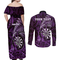 Personalised New Zealand Darts Couples Matching Off Shoulder Maxi Dress and Long Sleeve Button Shirt Maori Koru Dartboard Purple Flame LT05 - Polynesian Pride