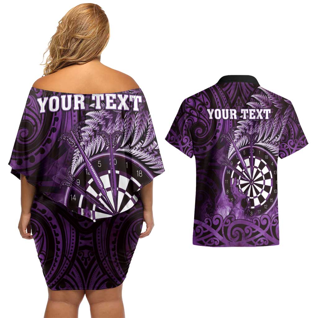 Personalised New Zealand Darts Couples Matching Off Shoulder Short Dress and Hawaiian Shirt Maori Koru Dartboard Purple Flame LT05 - Polynesian Pride