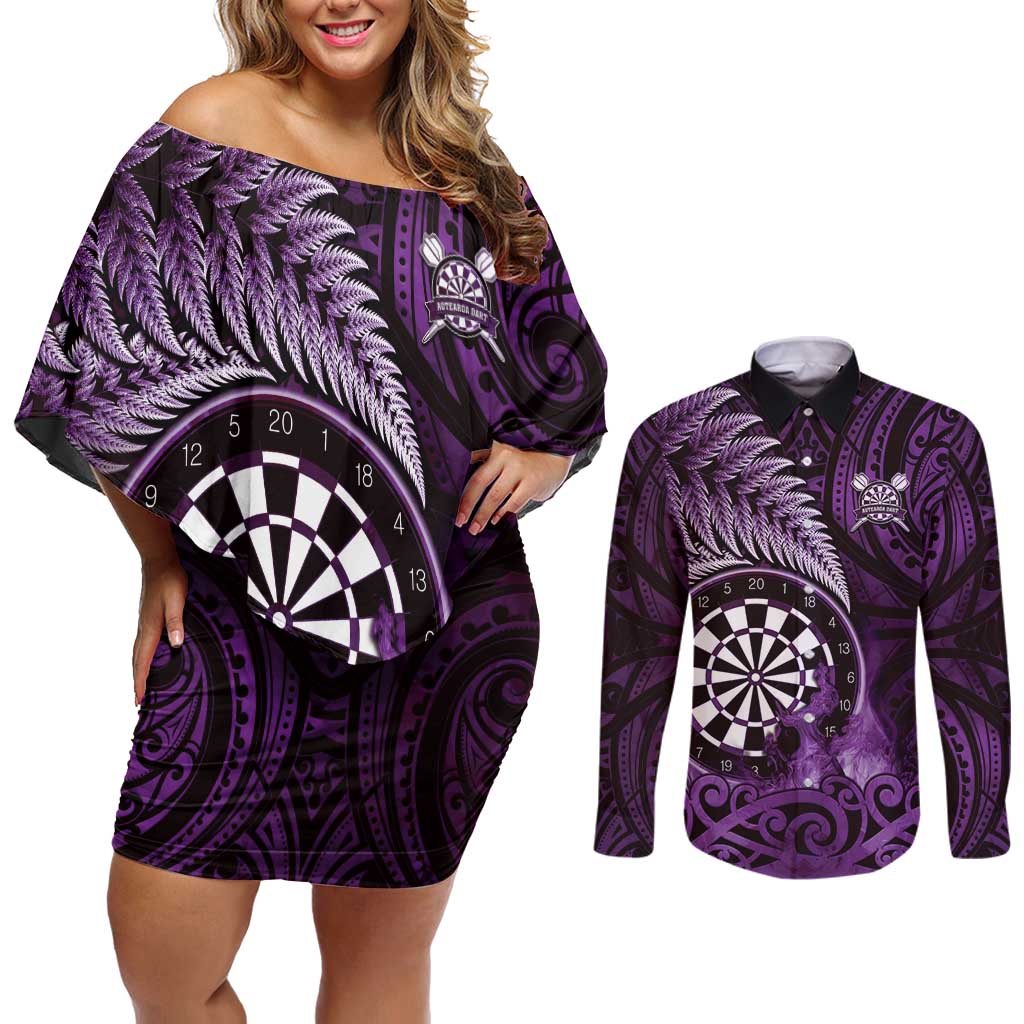Personalised New Zealand Darts Couples Matching Off Shoulder Short Dress and Long Sleeve Button Shirt Maori Koru Dartboard Purple Flame LT05 Purple - Polynesian Pride