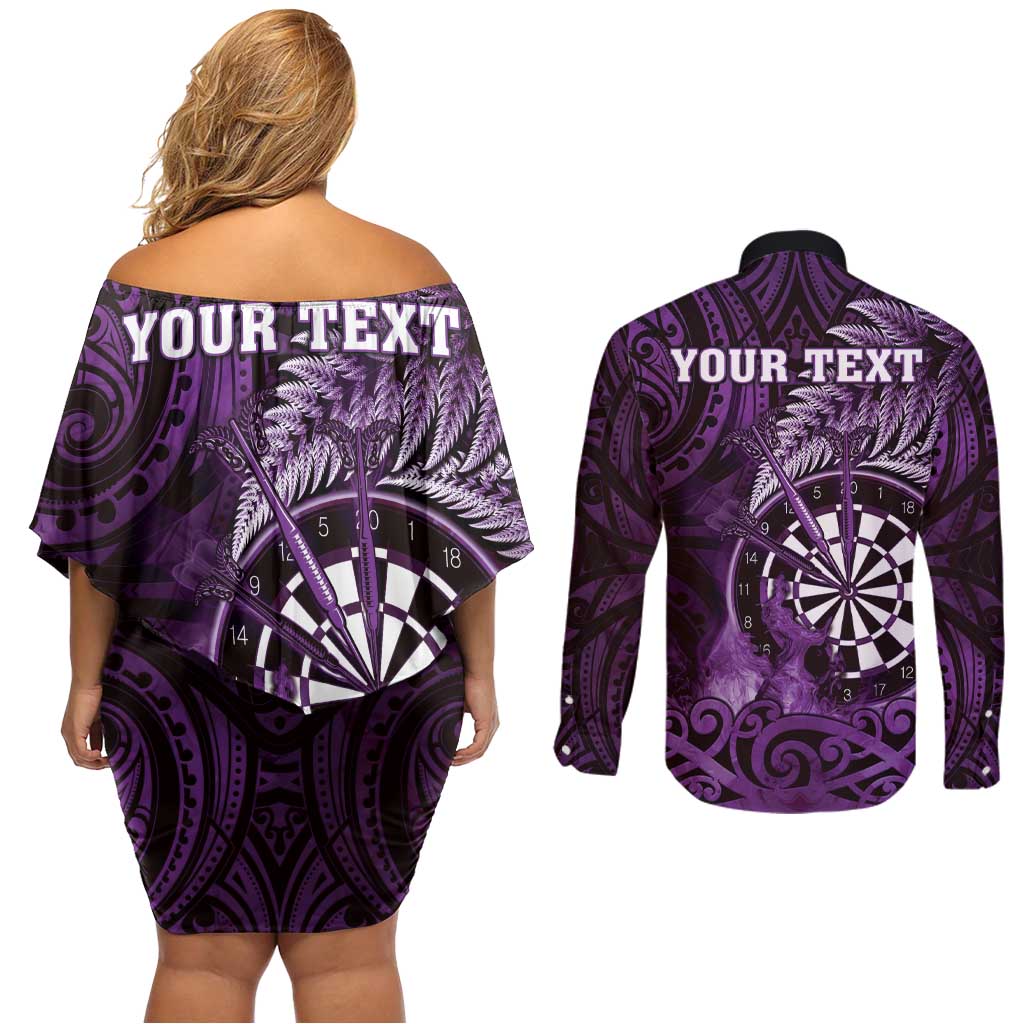 Personalised New Zealand Darts Couples Matching Off Shoulder Short Dress and Long Sleeve Button Shirt Maori Koru Dartboard Purple Flame LT05 - Polynesian Pride