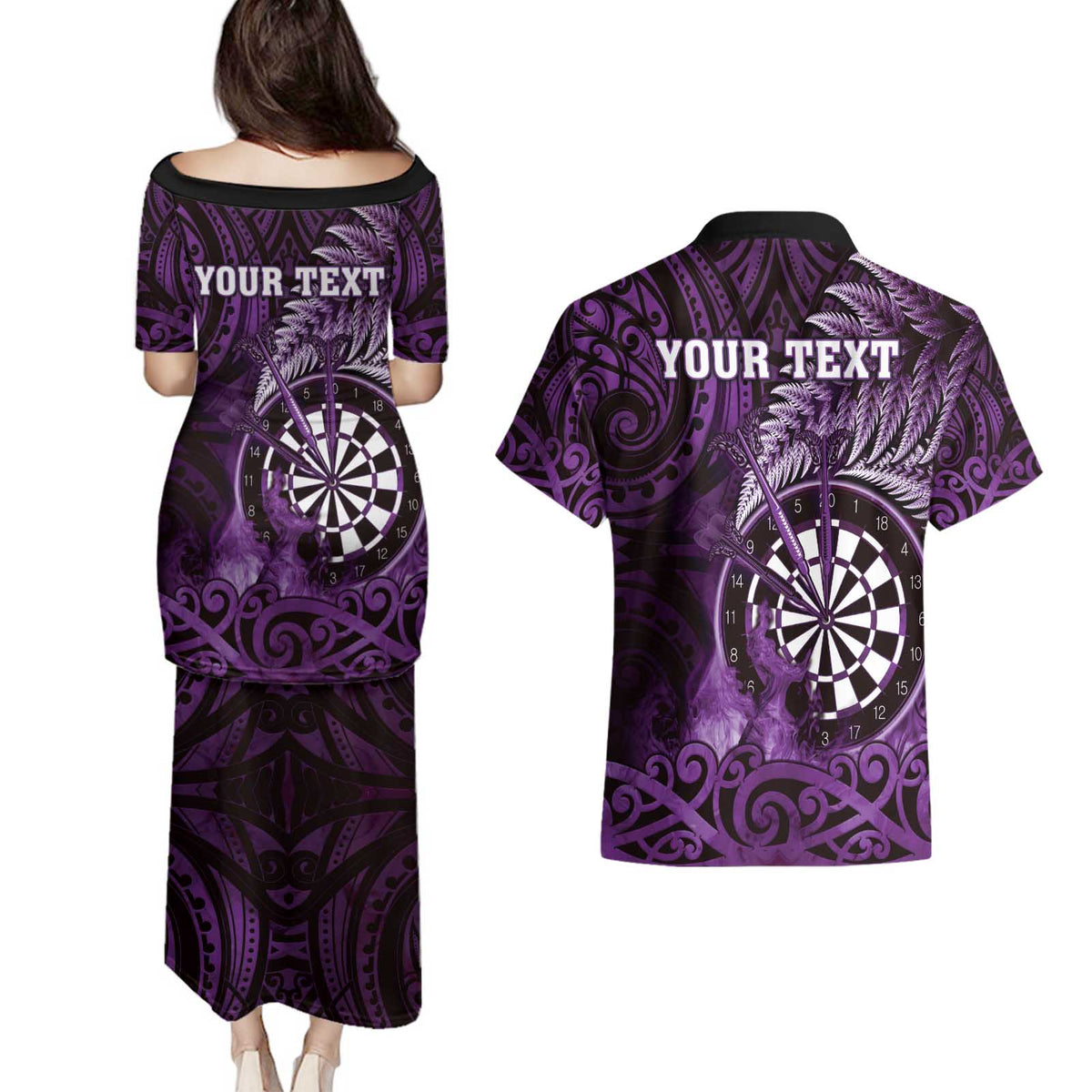 Personalised New Zealand Darts Couples Matching Puletasi and Hawaiian Shirt Maori Koru Dartboard Purple Flame LT05 - Polynesian Pride