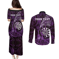 Personalised New Zealand Darts Couples Matching Puletasi and Long Sleeve Button Shirt Maori Koru Dartboard Purple Flame LT05 - Polynesian Pride