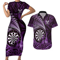 Personalised New Zealand Darts Couples Matching Short Sleeve Bodycon Dress and Hawaiian Shirt Maori Koru Dartboard Purple Flame LT05 Purple - Polynesian Pride