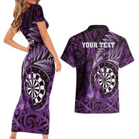 Personalised New Zealand Darts Couples Matching Short Sleeve Bodycon Dress and Hawaiian Shirt Maori Koru Dartboard Purple Flame LT05 - Polynesian Pride