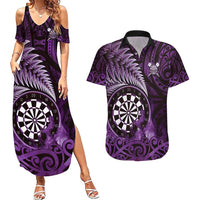 Personalised New Zealand Darts Couples Matching Summer Maxi Dress and Hawaiian Shirt Maori Koru Dartboard Purple Flame LT05 Purple - Polynesian Pride