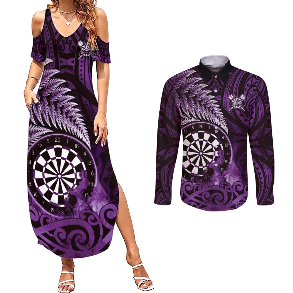 Personalised New Zealand Darts Couples Matching Summer Maxi Dress and Long Sleeve Button Shirt Maori Koru Dartboard Purple Flame LT05 Purple - Polynesian Pride