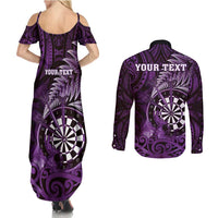 Personalised New Zealand Darts Couples Matching Summer Maxi Dress and Long Sleeve Button Shirt Maori Koru Dartboard Purple Flame LT05 - Polynesian Pride