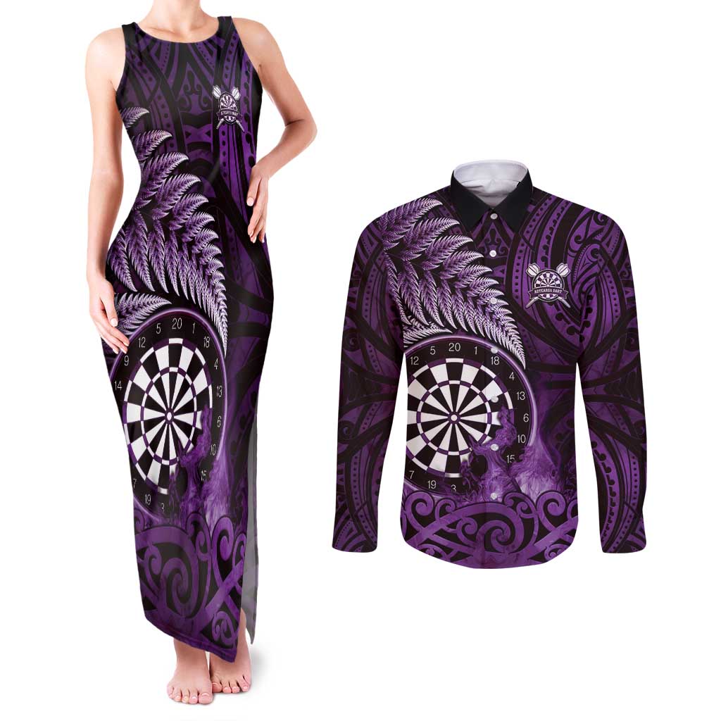 Personalised New Zealand Darts Couples Matching Tank Maxi Dress and Long Sleeve Button Shirt Maori Koru Dartboard Purple Flame LT05 Purple - Polynesian Pride