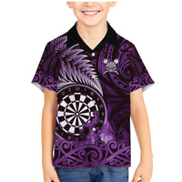 Personalised New Zealand Darts Family Matching Mermaid Dress and Hawaiian Shirt Maori Koru Dartboard Purple Flame LT05 Son's Shirt Purple - Polynesian Pride