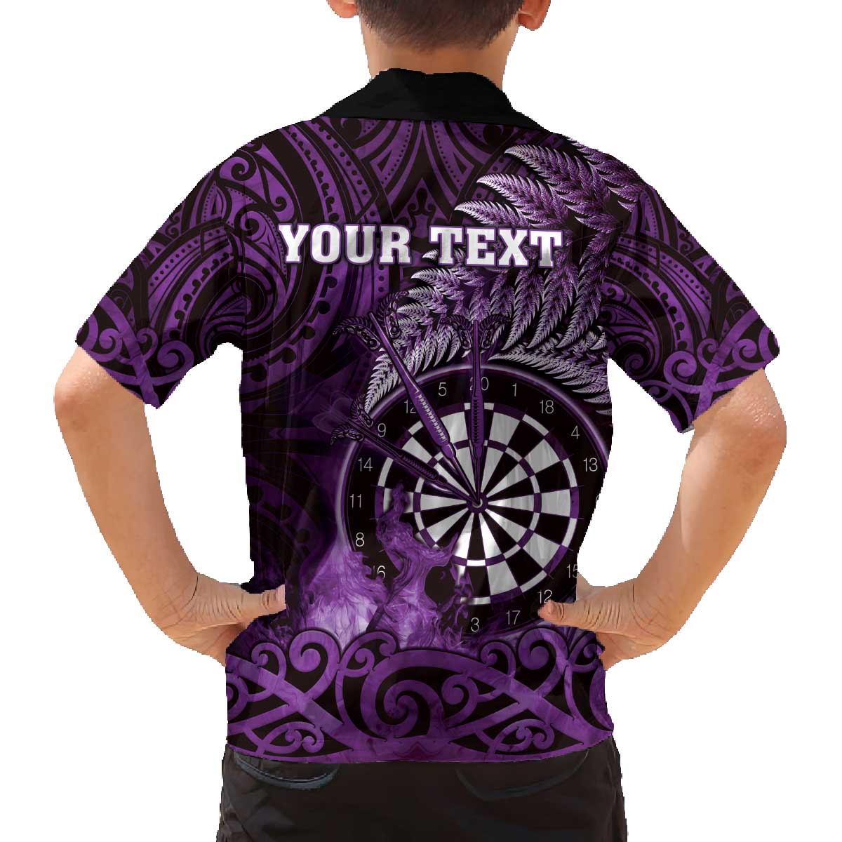 Personalised New Zealand Darts Family Matching Off The Shoulder Long Sleeve Dress and Hawaiian Shirt Maori Koru Dartboard Purple Flame LT05 - Polynesian Pride