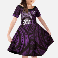 Personalised New Zealand Darts Family Matching Off The Shoulder Long Sleeve Dress and Hawaiian Shirt Maori Koru Dartboard Purple Flame LT05 Daughter's Dress Purple - Polynesian Pride