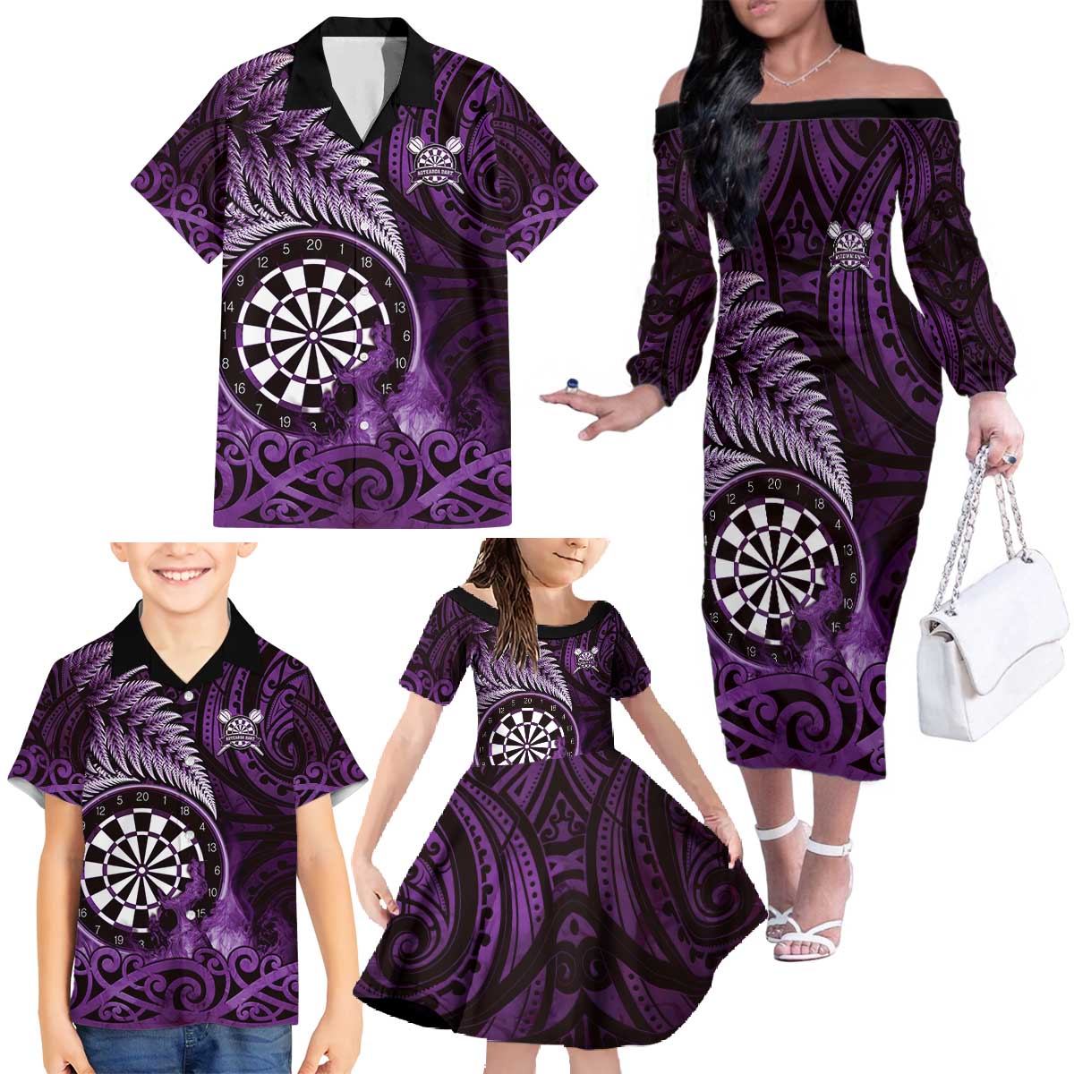 Personalised New Zealand Darts Family Matching Off The Shoulder Long Sleeve Dress and Hawaiian Shirt Maori Koru Dartboard Purple Flame LT05 - Polynesian Pride