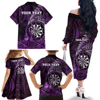 Personalised New Zealand Darts Family Matching Off The Shoulder Long Sleeve Dress and Hawaiian Shirt Maori Koru Dartboard Purple Flame LT05 - Polynesian Pride