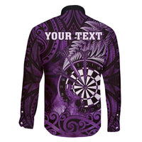 Personalised New Zealand Darts Family Matching Off The Shoulder Long Sleeve Dress and Hawaiian Shirt Maori Koru Dartboard Purple Flame LT05 - Polynesian Pride