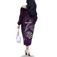 Personalised New Zealand Darts Family Matching Off The Shoulder Long Sleeve Dress and Hawaiian Shirt Maori Koru Dartboard Purple Flame LT05 - Polynesian Pride