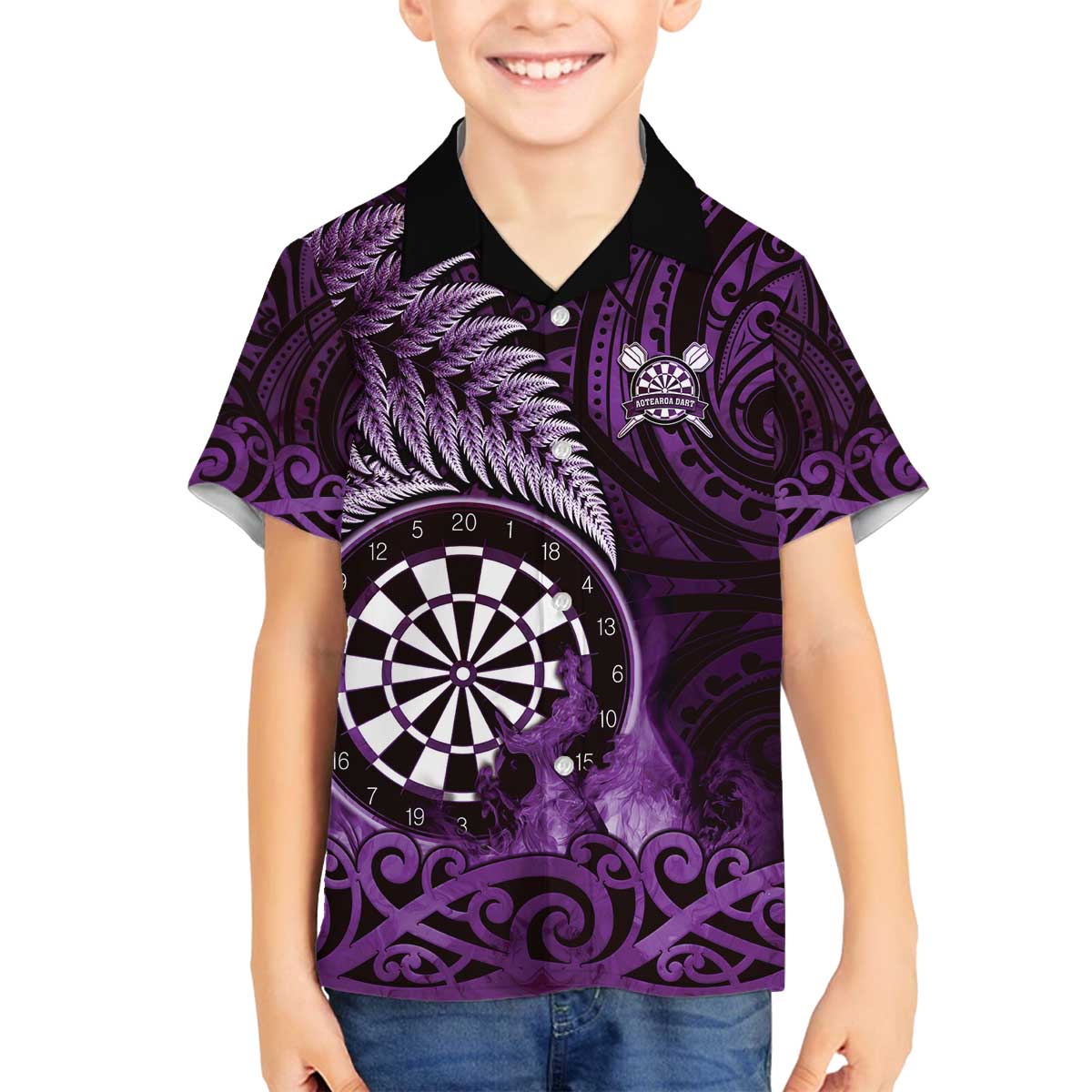 Personalised New Zealand Darts Family Matching Off The Shoulder Long Sleeve Dress and Hawaiian Shirt Maori Koru Dartboard Purple Flame LT05 Son's Shirt Purple - Polynesian Pride