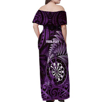Personalised New Zealand Darts Family Matching Off Shoulder Maxi Dress and Hawaiian Shirt Maori Koru Dartboard Purple Flame LT05 - Polynesian Pride