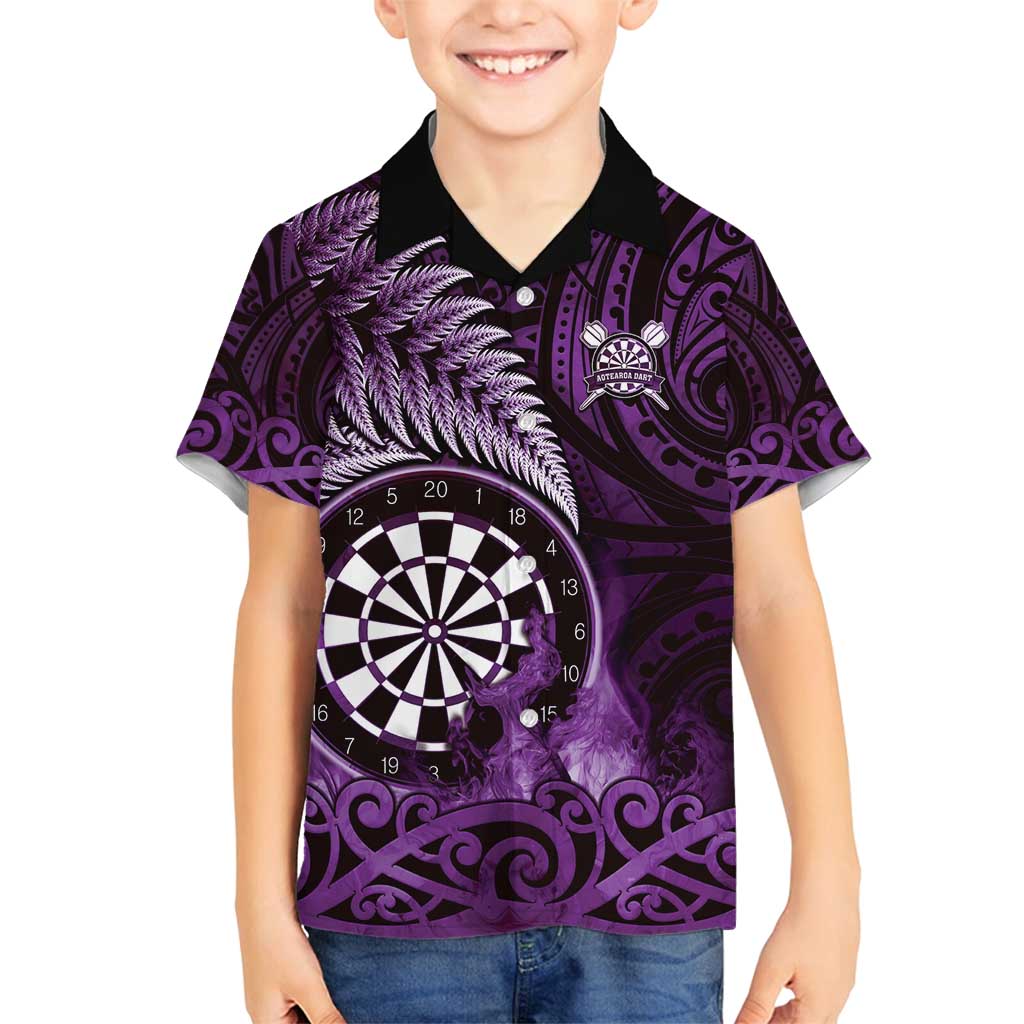 Personalised New Zealand Darts Family Matching Off Shoulder Maxi Dress and Hawaiian Shirt Maori Koru Dartboard Purple Flame LT05 Son's Shirt Purple - Polynesian Pride