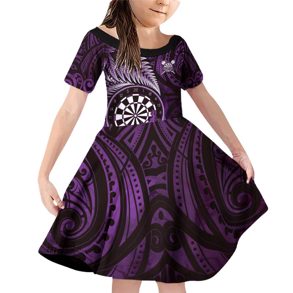Personalised New Zealand Darts Family Matching Off Shoulder Short Dress and Hawaiian Shirt Maori Koru Dartboard Purple Flame LT05 Daughter's Dress Purple - Polynesian Pride