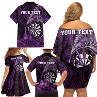 Personalised New Zealand Darts Family Matching Off Shoulder Short Dress and Hawaiian Shirt Maori Koru Dartboard Purple Flame LT05 - Polynesian Pride