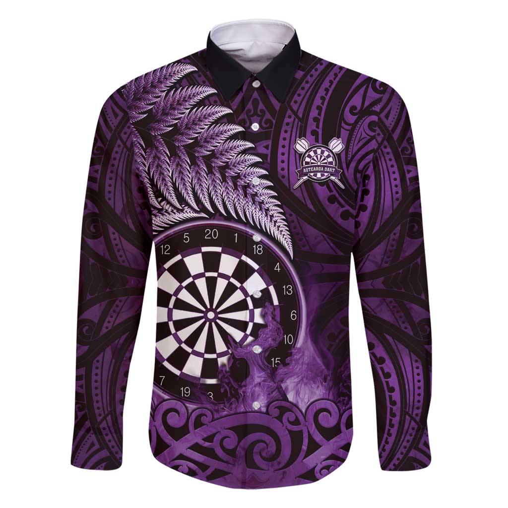 Personalised New Zealand Darts Family Matching Off Shoulder Short Dress and Hawaiian Shirt Maori Koru Dartboard Purple Flame LT05 Dad's Shirt - Long Sleeve Purple - Polynesian Pride