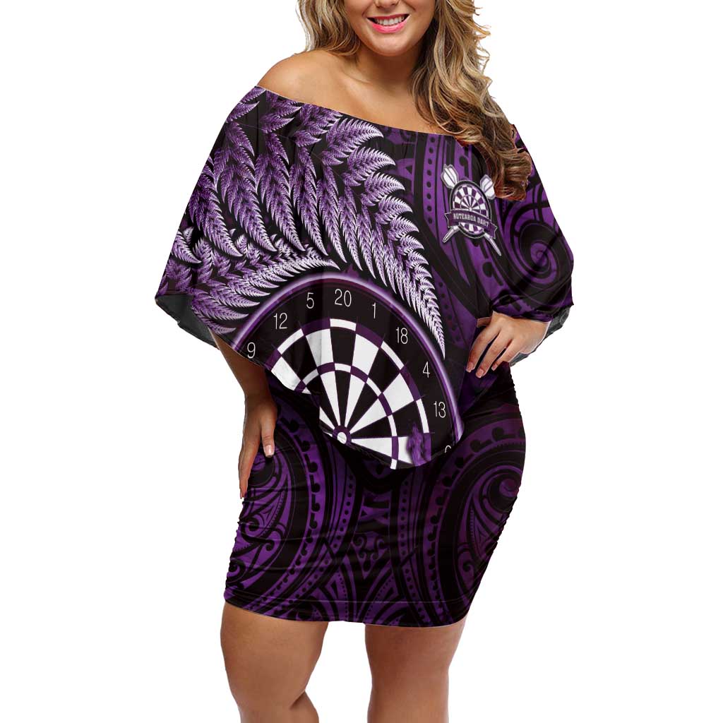 Personalised New Zealand Darts Family Matching Off Shoulder Short Dress and Hawaiian Shirt Maori Koru Dartboard Purple Flame LT05 Mom's Dress Purple - Polynesian Pride