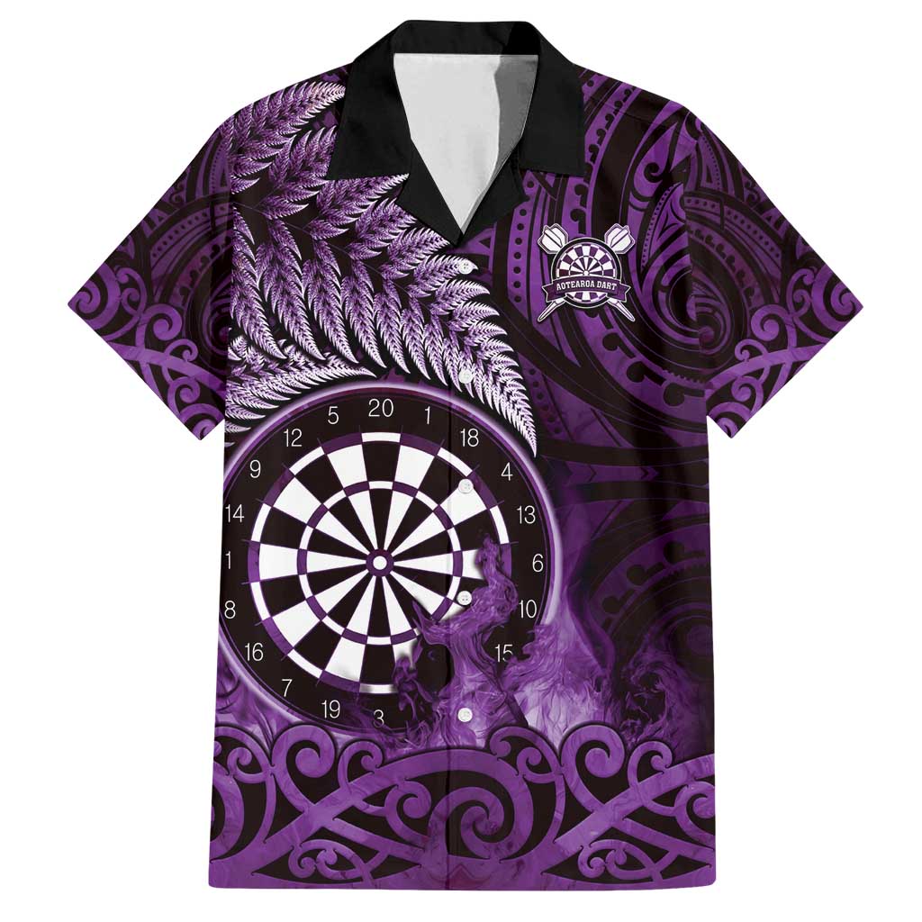 Personalised New Zealand Darts Family Matching Puletasi and Hawaiian Shirt Maori Koru Dartboard Purple Flame LT05 Dad's Shirt - Short Sleeve Purple - Polynesian Pride