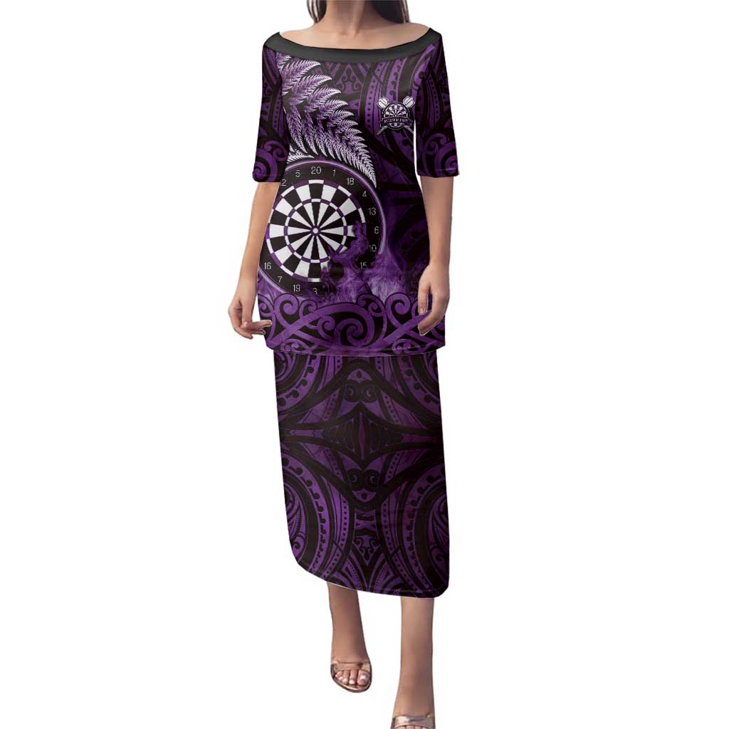 Personalised New Zealand Darts Family Matching Puletasi and Hawaiian Shirt Maori Koru Dartboard Purple Flame LT05 Mom's Dress Purple - Polynesian Pride