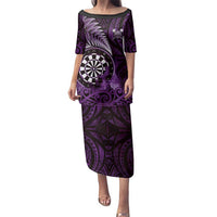 Personalised New Zealand Darts Family Matching Puletasi and Hawaiian Shirt Maori Koru Dartboard Purple Flame LT05 Mom's Dress Purple - Polynesian Pride