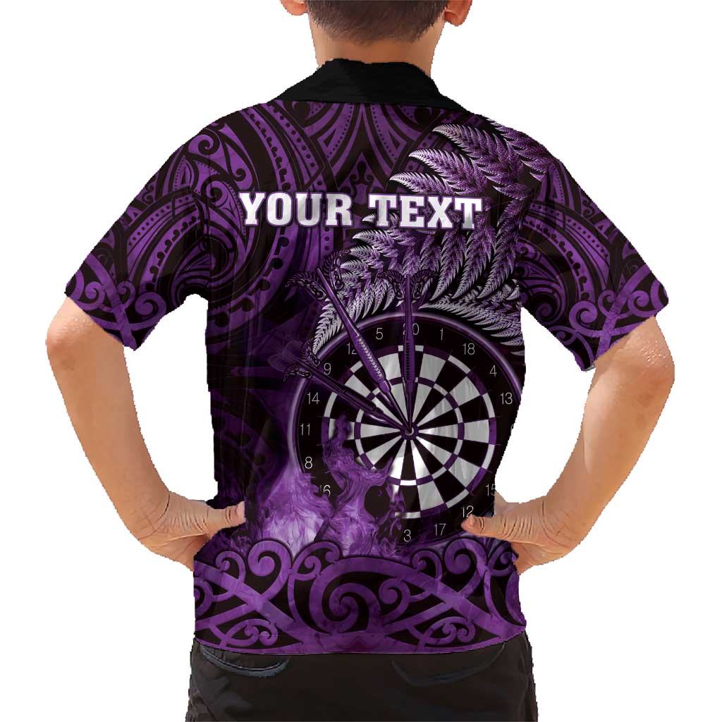 Personalised New Zealand Darts Family Matching Short Sleeve Bodycon Dress and Hawaiian Shirt Maori Koru Dartboard Purple Flame LT05 - Polynesian Pride