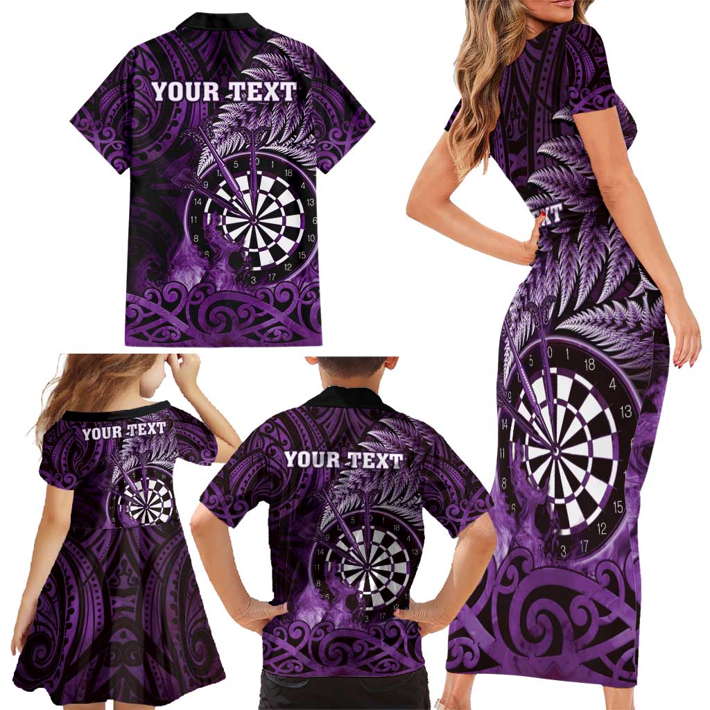 Personalised New Zealand Darts Family Matching Short Sleeve Bodycon Dress and Hawaiian Shirt Maori Koru Dartboard Purple Flame LT05 - Polynesian Pride