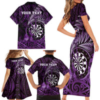 Personalised New Zealand Darts Family Matching Short Sleeve Bodycon Dress and Hawaiian Shirt Maori Koru Dartboard Purple Flame LT05 - Polynesian Pride