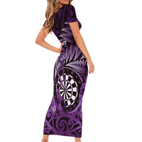 Personalised New Zealand Darts Family Matching Short Sleeve Bodycon Dress and Hawaiian Shirt Maori Koru Dartboard Purple Flame LT05 - Polynesian Pride